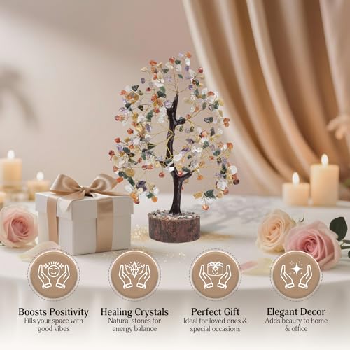 FASHIONZAADI Premium Crystal Tree of Life – 7 Chakra Tree for Healing, Positive Energy, Luck & Manifestation – – Ethically Handcrafted Gifts for Women, Spiritual Gifts for mom - color: Mix Crystals Golden Wire