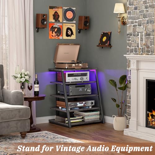 Armocity 5-Tier AV Media Stand with Power Strips, Media Console with LED Lights, Audio Tower Rack with Adjustable Shelves, Stereo Stands and Racks, 40.8'', Grey Oak - color: Grey Oak, size: 40" (H)