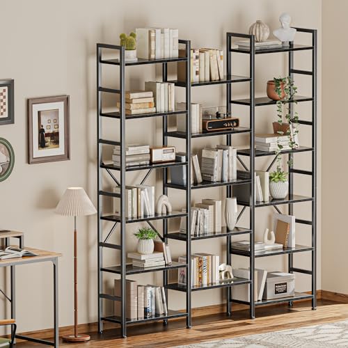 SUPERJARE Triple Bookshelf, Bookcase with 17 Open Display Shelves, Wide Book Shelf Book Case for Home & Office, 6 Tier, Black, ABC003B - color: Black, size: 6 Tier