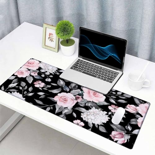 Large Extended Gaming Mouse Pad, Large Non-Slip Rubber Base Mousepad, Keyboard Mouse Mat, Desk Pad with Stitched Edges, 31.5x15.7inch Flowers and Leaves - color: Flowers and Leaves, size: 31.5L x 15.7W inches