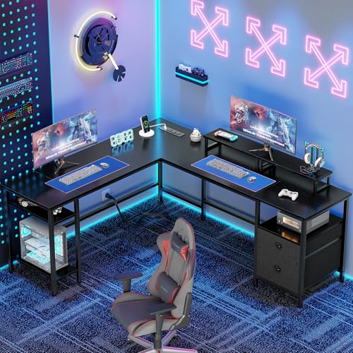 Furologee 66” L Shaped Desk with Power Outlet, Reversible Computer Gaming Desk with File Drawer & 2 Monitor Stands for Home Office with Storage Shelves, Black - color: Black, size: 66 Inch