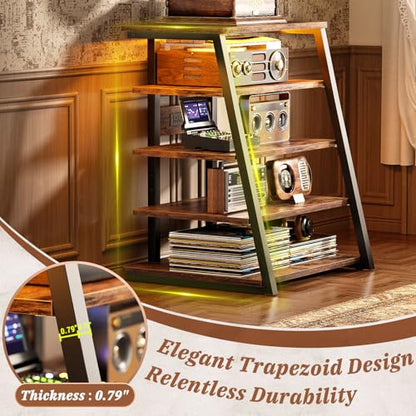 Armocity 5-Tier AV Media Stand with Power Strips, Media Console with LED Lights, Audio Tower Rack with Adjustable Shelves, Stereo Stands and Racks, 40.8'', Rustic Brown - color: Rustic Brown, size: 40" (H)