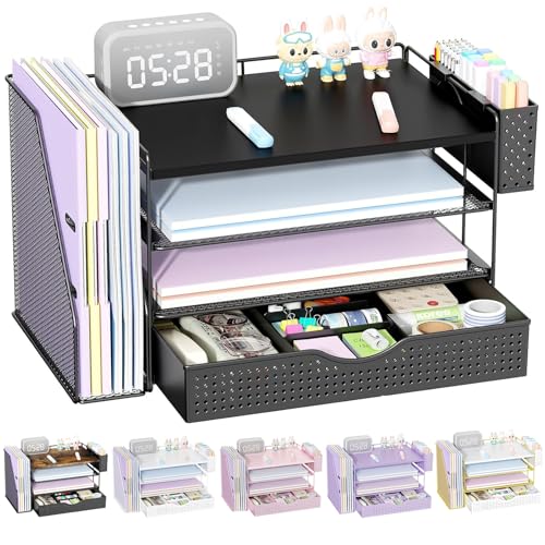 gianotter Wood Desk Organizers and Accessories with File Holder, 4-Tier Desk Accessories & Workspace Organizers with Drawer and Pen Holder, Desk Reference Organizer (Black, 4T with Drawer) - color: Black, size: 4T with Drawer