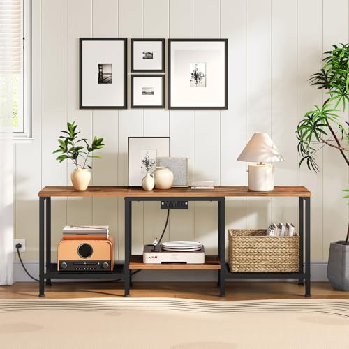 HOOBRO TV Stand with Charging Station to 55 Inches, LED Entertainment Center, Media TV Console Table with Open Storage Shelving for Living Room, Bedroom, Rustic Brown and Black BF122UDDS01 - color: Rustic Brown + Black