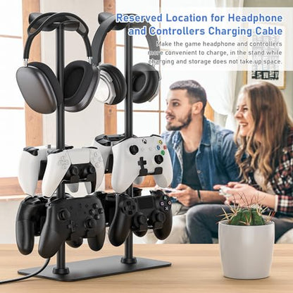 MANMUVIMO Headset Stand Controller Holder for 2 Headset and 8 Controller, Headphone Stand Gaming Controller Holder for PS5 Xbox Airpods Beats Bose, Gaming Room Accessories, Gamer Gifts for Men - size: 2 Headphone 8 Controller Holder Black