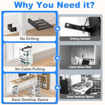 Under Desk PC Mount - No Drilling 40 lb Capacity, Fits 3 Fixed Desk Leg Sizes, CPU Holder Under Desk, Adjustable Clamp-on Desk Leg PC Mount for Standing Desk, with Non-Slip Pads, White - color: White, size: Fits 3 Rect. Leg Sizes