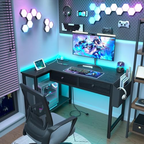 DLisiting Black Corner Desk for Small Space with Drawers, Reversible Gaming L Shaped Computer Desk with Storage Shelves for Boys, Corner Work Study PC Desks for Bedroom - color: Black, size: 39.4''