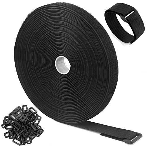 32Ft x 1In Adjustable Cable Straps with Buckles, Free Cut Length, Black Reusable Fastening Cable Ties, Hook and Loop Securing Strap for Cable Tidy, Wire Management, Cord Organiser - color: Black, size: 32Ft x 1In