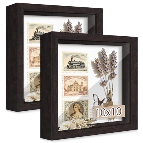 Picrit 10x10 Shadow Box Frame Set of 2, Display Case Box with High Definition Real Glass and Black Back for Memorabilia, Baby Items, Wedding Memories, Crafts, Tickets and Photos, Brown - color: Brown, size: 10x10-2P