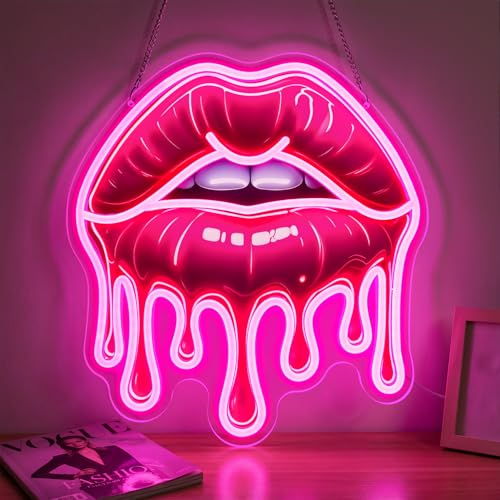 Dripping Lips Neon Sign for Wall Decor, Pink LED Lip Light for Bedroom, Game Room, Bar, Aesthetic Sexy Lip Artwork, USB Powered Dimmable Neon Wall Light - color: Pink-lip