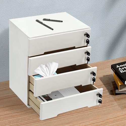 Wooden Desk Organizer with Drawers & Lock, Desktop Countertop Storage Cabinet Lockable Home Office Supplies File Tabletop Organizing Unit (4 Drawer - Modern White) - style: 4 Drawer - Modern White