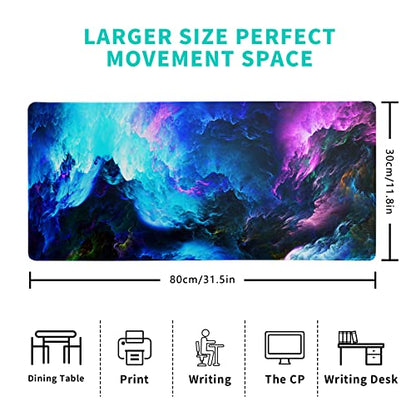 Dazzling Galaxy Gaming Mouse Pad 31.5x11.8 Inch Blue Purple Galaxy Nebula Universe Space Large Mousepad Non-Slip Rubber Base Stitched Edges Keyboard Mouse Mat Desk Pad for Office Home and Game - color: Galaxy