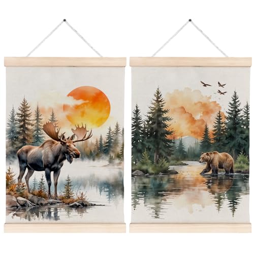 Watercolor Moose Bear Lake Forest Canvas Wall Art Poster Hanger Frames, Rustic Cottagecore Wildlife Animal Nature Landscape Wall Decor Prints for Home Living Room Cabin Lake House, 12x16 Inch Set of 2 - color: Color-Mountain Lakeside Landscape 10