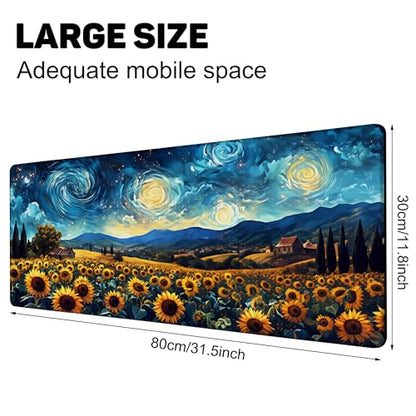 Sunflowers Under A Starry Night Sky Gaming Mouse Pad Large Desk Mat Extended Keyboard Anime Mousepad with Non-Slip Base and Stitched Edge for Desk Home Office Gaming,31.5 x 11.8 Inch - color: Sunflowers under A Starry Night Sky, size: 11.8*31.5inch
