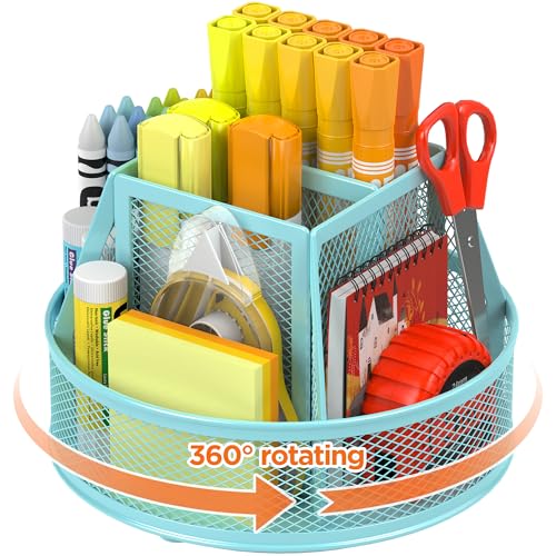 Docnest 360° Rotating Pen Holder,Heavy-Duty Metal Mesh Desk Organizer with 6 Compartments for Pencils,Scissors & Markers –Space Saving Office Supply for Teachers, Students & Home Desk-Blue - color: Blue