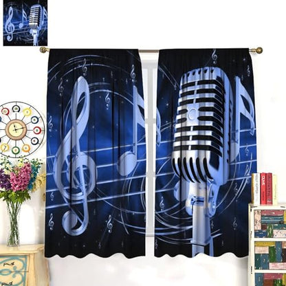 Music Curtain, Blue Microphone Musical Notes Print Window Treatments Drapes for Bedroom Living Room Bathroom 42" W X 45" L(No Blackout) - color: Musical-2, size: 20.5"W x 45"L (Pack of 2)