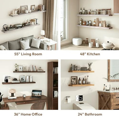 Flat Edge Elm Wood Floating Shelf with Invisible Bracket 48”Natural - color: Natural, size: 48”,set of 1