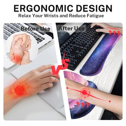 Arttown Dreamy Galaxy Desk Mat Mountains Nebula Mouse Pad Set 4 in 1 Night Sky Ergonomic Design Large Desk Pad + Keyboard Wrist Rest + Mouse Wrist Rest + Coaster Suitable for Home Office Study Game - color: Purple Starry Sky