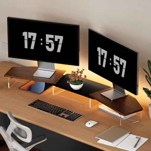 AFOOYO LED Dual Monitor Stand Riser for 2 Monitors,Office Desktop Wooden Stand Adjustable Length and Angle 3 Shelf,Extra Long Multifunctional Stand up to 44.4" for Computer,Laptop,TV,Walnut Finish - color: Walnut, size: Dual