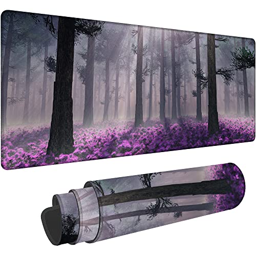 Gaming Desk Mat Large, Purple Misty Forest Extended Mousepad,Non-Slip Rubber Mouse Pad Stitched Edges,Desktop Decorative Accessories for Home Office 31.5" x 15.7" - color: Purple Misty Forest