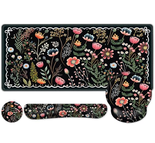 Flower Desk Mat, 4in1 Large Mouse Pad with Wrist Rest, Desk Matt for Desktop, Desk Pad Mat, Anti-Slip XXL Computer Ergonomic Mousepad with Wrist Support for Keyboard and Mouse I Black Florals Weeds - color: Black Florals Weeds
