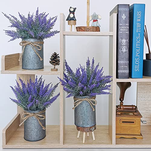 Set of 3 Small Potted Plants Arrangement Artificial Lavender Flower Plants in Rustic Galvanized Metal Pots with Decorative Wood Tray for Farmhouse Table Centerpiece Windowsill Country Indoor Decor