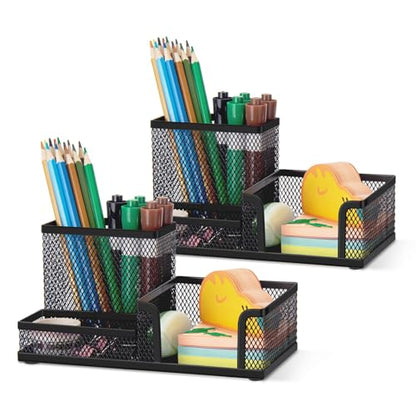 Comix Mesh Pen Pencil Holder Desk Organizer, 3 Compartment Wire Desktop Pen Pencil Cup Caddy Office Supplies Accessories for Home Office School, Black(2 Pack) - color: 3 Compartments-2pack