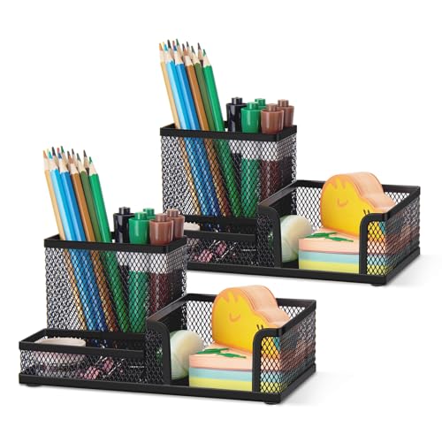 Comix Mesh Pen Pencil Holder Desk Organizer, 3 Compartment Wire Desktop Pen Pencil Cup Caddy Office Supplies Accessories for Home Office School, Black(2 Pack) - color: 3 Compartments-2pack