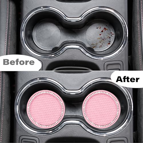 BFXM 2 PCS Bling Cup Holder Coasters for Car, 2.75 inch Diamond Universal Non-Slip Pink Silicone Cup Holder Coasters, Sparkly Bling Car Accessories for Women(White Diamond) - color: Pink+bling White