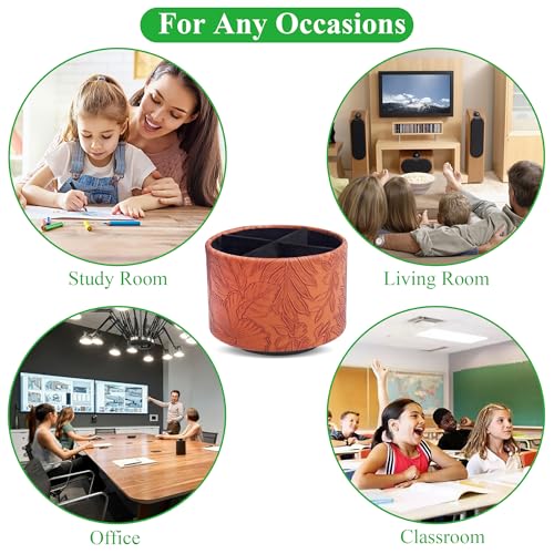 Round Leather Art Supply Organizer,Remote Control Holder,360 Degree Spinning,Multi-Functional Pencil Holder,4 Compartments Desktop Stationary Organizer(1-Carved Brown) - color: 1-Carved Brown