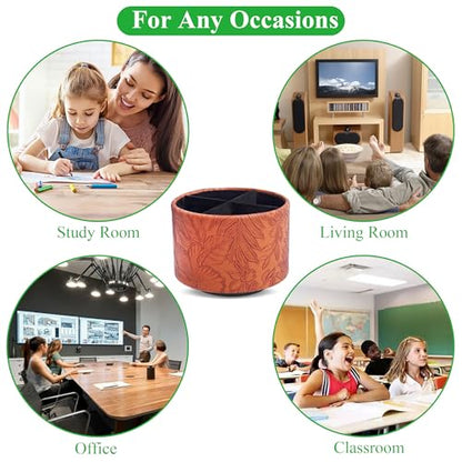 Round Leather Art Supply Organizer,Remote Control Holder,360 Degree Spinning,Multi-Functional Pencil Holder,4 Compartments Desktop Stationary Organizer(1-Carved Brown) - color: 1-Carved Brown
