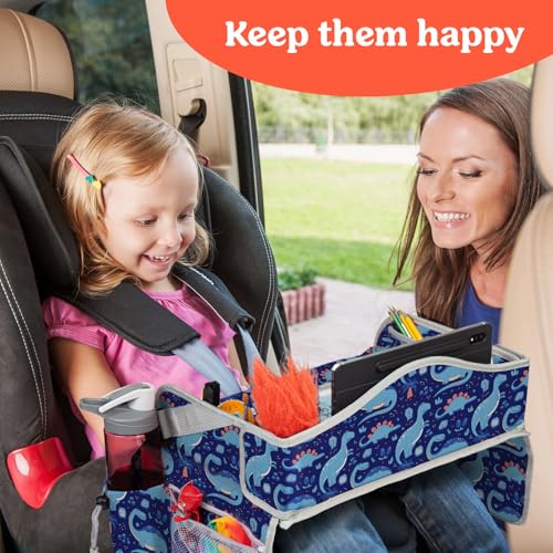 PILLANI Kids Travel Tray for Car - Toddler Essentials for Road Trip, Carseat Tray for Kids Travel, Car Activities for Kids Ages 4-8 w/ Activity Sheets & Pens, Tablet Holder, Dry Erase Board,Cup Holder - color: Blue Dinosaur