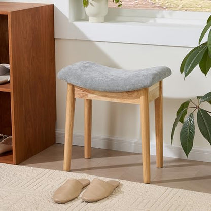 Royal Windsor Vanity Stool with Saddle Cushion, 18 Inch Makeup Vanity Chair for Living Room, Modern Foot Stool Ottoman Piano Bench,Small Upholstered Bench for Bedroom, Grey - color: 10.2"d Light Grey+wood Grain