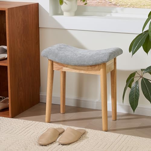 Royal Windsor Vanity Stool with Saddle Cushion, 18 Inch Makeup Vanity Chair for Living Room, Modern Foot Stool Ottoman Piano Bench,Small Upholstered Bench for Bedroom, Grey - color: 10.2"d Light Grey+wood Grain