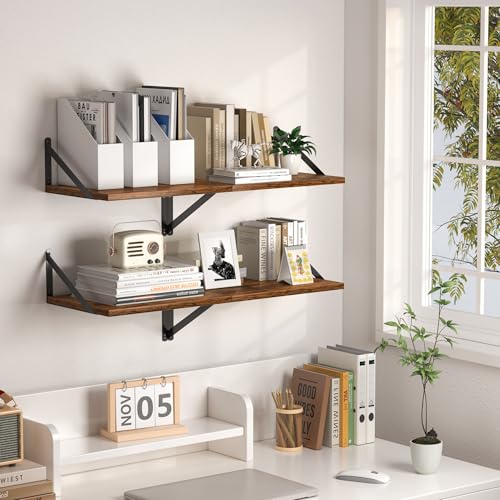 Heimlove Deep Floating Shelves for Wall, 16W x 12D Wood Wall Shelves Set of 2, Wide Floating Bookshelf for Living Room, Kitchen, Office, Bedroom and Decor Storage, with Metal Bracket - Rustic Brown - color: Rustic Brown With Black Metal Bracket, size: 16w