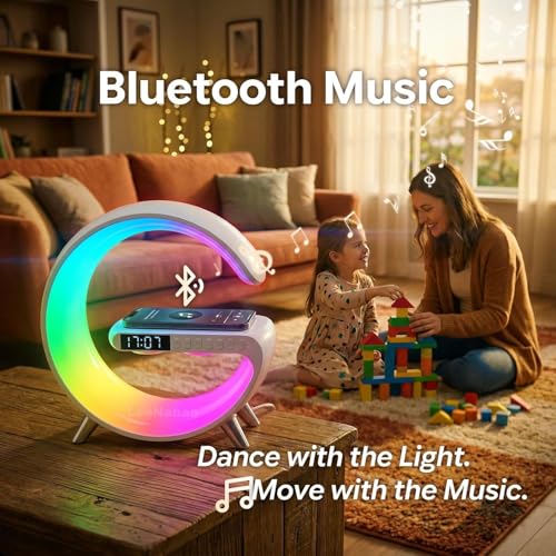 Smart LED Table Lamp,4-in-1 Wireless Charger with Speaker,Night Light, Alarm Clock, and Bluetooth Speaker with App Control, Ideal Gifts for Home, Office, Christmas(White) - color: White
