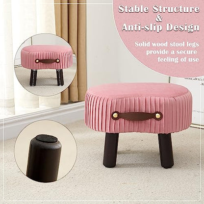 Foot Stools Small, Ottomon with Handle, Velvet Footrest Ottoman | Curved Foot Stool with Padded Seat Wooden Legs, Portable Foot Rest for Living Room, Bedroom, Entryway (Pink) - color: Pink