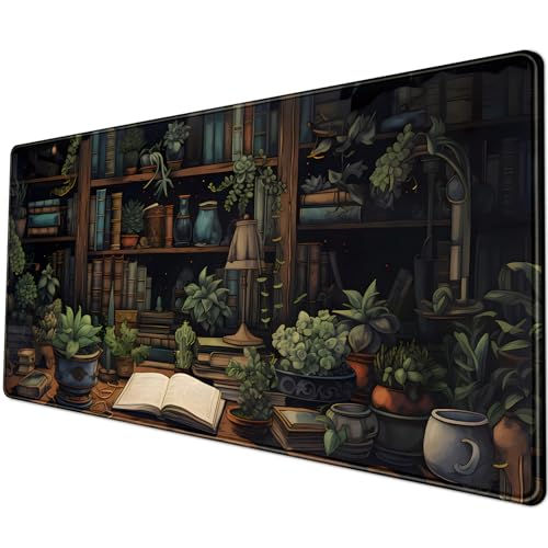 Desk Mat Green Bonsai Library Book Mouse Pad Big Vintage Aesthetic Desk Pad Flower Plant Extended Mouse Pad Large Gaming Mousepad XXL Keyboard Mouse Mat Desktop Mat Office Desk 31.5 X 11.8 in - color: C-dark Colored Bookshelf Plants