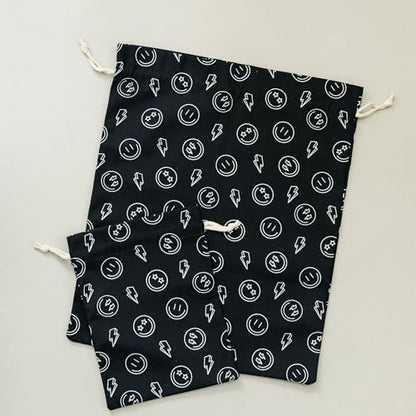 Gather & Knot Drawstring Gift Bags | 20" Large 12" Small | Premium Canvas | Reusable Fabric Wrap for Boy Birthday, Baby Shower | Happy Face - color: Happy Face
