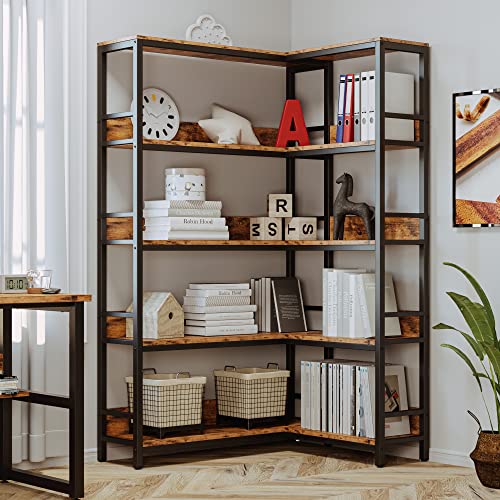 IRONCK Corner Shelf 5 Tiers 70LB Capacity L-Shaped Bookshelf with Baffles and Metal Frame for Home Office Living Room Kitchen Storage and Display