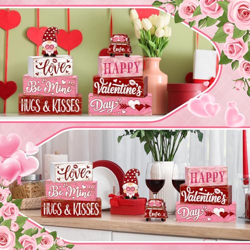 8Pcs Valentine's Day Table Decor Set, Rustic Wooden Love Hugs & Kisses and Happy Valentine's Day Tiered Tray Decorations, Farmhouse Wooden Stack Block Signs with Hearts Gnome for Home Kitchen Office - style: Pink Gnome Valentine's Day