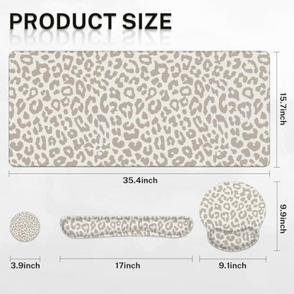 Arttown Leopard Light Khaki Desk Mat Animal Skin Mouse Pad Set 4 in 1 Ergonomic Design Large Desk Pad + Keyboard Wrist Rest + Mouse Wrist Rest + Coaster Suitable for Home Office Study Game - color: Light Khaki Leopard