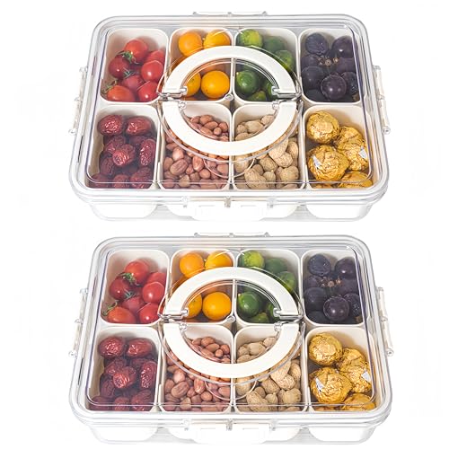 Dingerjar Divided Serving Tray with Lid and Handle - Divided Snack Tray for Portable Snack Platters - Clear Organizer for Candy, Fruits, Nuts, Snacks - Perfect for Party, Entertaining，2 pcs - color: White-2 Packs