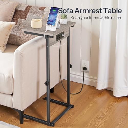 HOOBRO C-Shaped End Table with Charging Station, Adjustable Height Sofa Tray Side Table, Slide Under Couch Arm Table, Small C Side Table for Small Space in Living Room, Bedroom, Greige BG71USF01 - color: Greige + Black