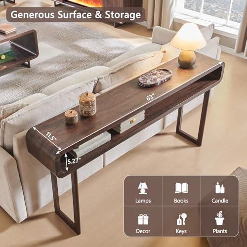 IFGET 63-Inch Long Console Table, 31.5" Tall Modern Entryway Table with Open Storage Shelf, Curved Profile Design, Narrow Wood Sofa Table Behind Couch Tables for Living Room, Hallway, Foyer, Brown - color: Brown