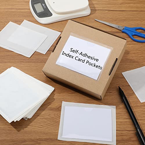 Outus 100 Pcs Index Card Pockets, 3.5 x 4.4 Inch Clear Self Adhesive Labels Pocket for Business, Plastic Label Sleeves with Top Open for Organizing Storage Bins Library Card Shelves Scrapbooks - size: 3.5 x 4.4 Inch