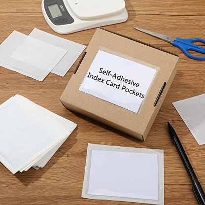 Outus 100 Pcs Index Card Pockets, 3.5 x 4.4 Inch Clear Self Adhesive Labels Pocket for Business, Plastic Label Sleeves with Top Open for Organizing Storage Bins Library Card Shelves Scrapbooks - size: 3.5 x 4.4 Inch