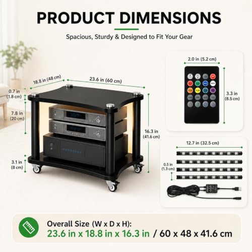 2-Tier AV Media Stand with LED Lights, Heavy Duty Mobile Stereo Cabinet Stand with Wheels, Wooden Stereo Rack, Audio Rack Furniture Perfect for DVD Player/Game Console (with Lights, 2 Tier) - color: With Lights, size: 2 Tier