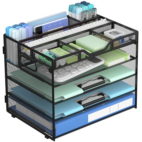 Docnest 5 Tier Mesh Desk Organizer with Adjustable Compartments - Stackable Letter Tray with Built-in Pen Holder & Handles - Desktop File Storage for Office, Home, School Supplies - Black - color: Black