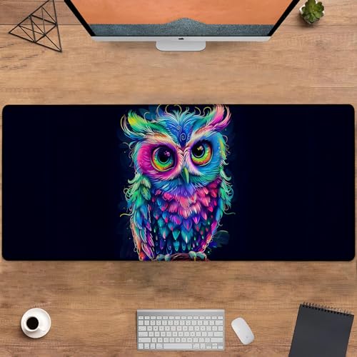 Cute Owl Gaming Mouse Pad, Large Office Desktop Mousepad for Computer Laptop, Extended Work Desk Mat with Anti-Slip Base, Decorative Desk Pad 31.5×11.8 in (Vibrant Neon Owl)